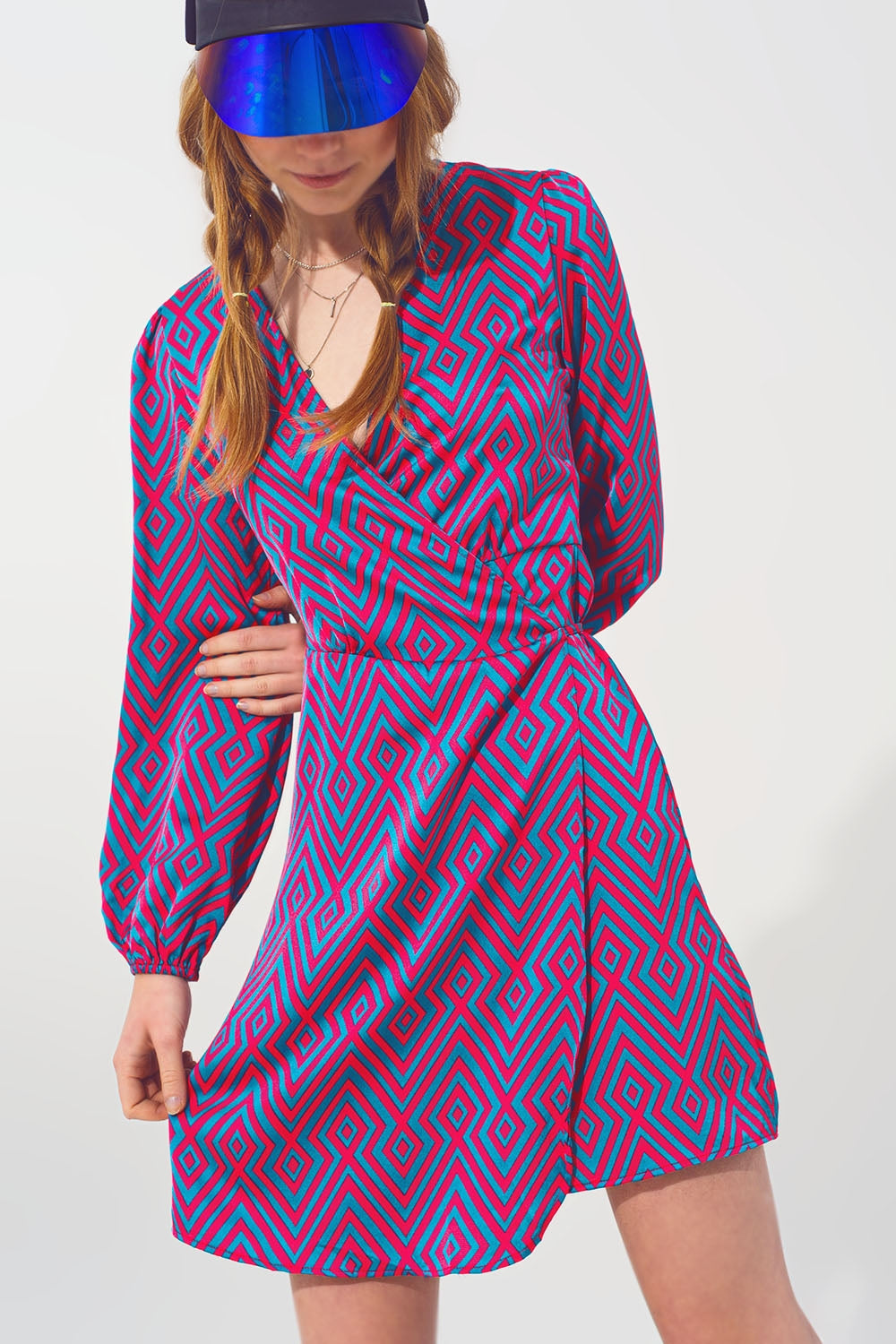Mini V Neck Wrap Dress with Geometric Print