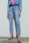 Heart Embellished Jeans with teared hem in Med Wash