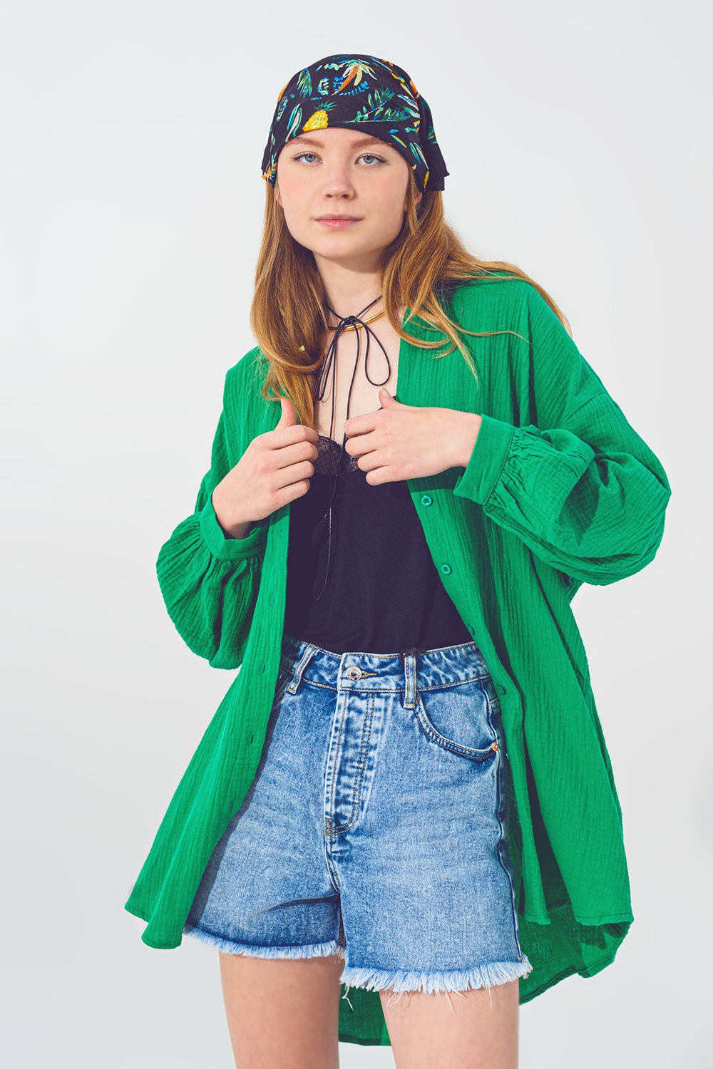 Oversized Textured Loose Fit Shirt in Green