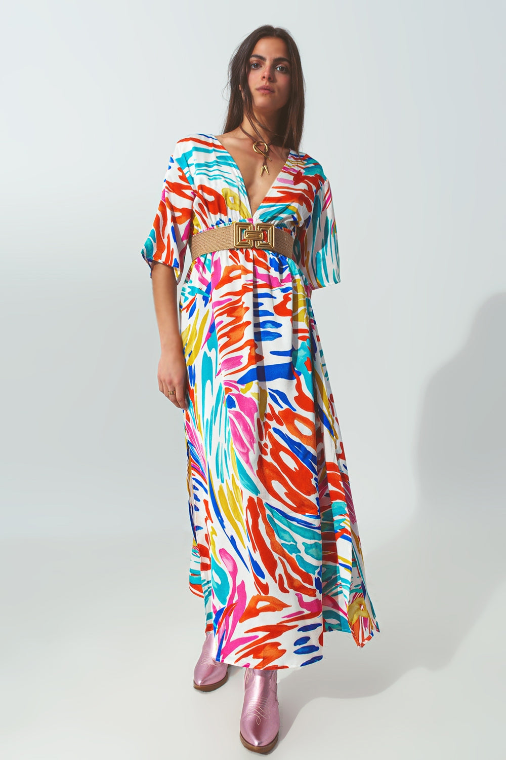 V Neck Maxi Dress with Multicolor Print
