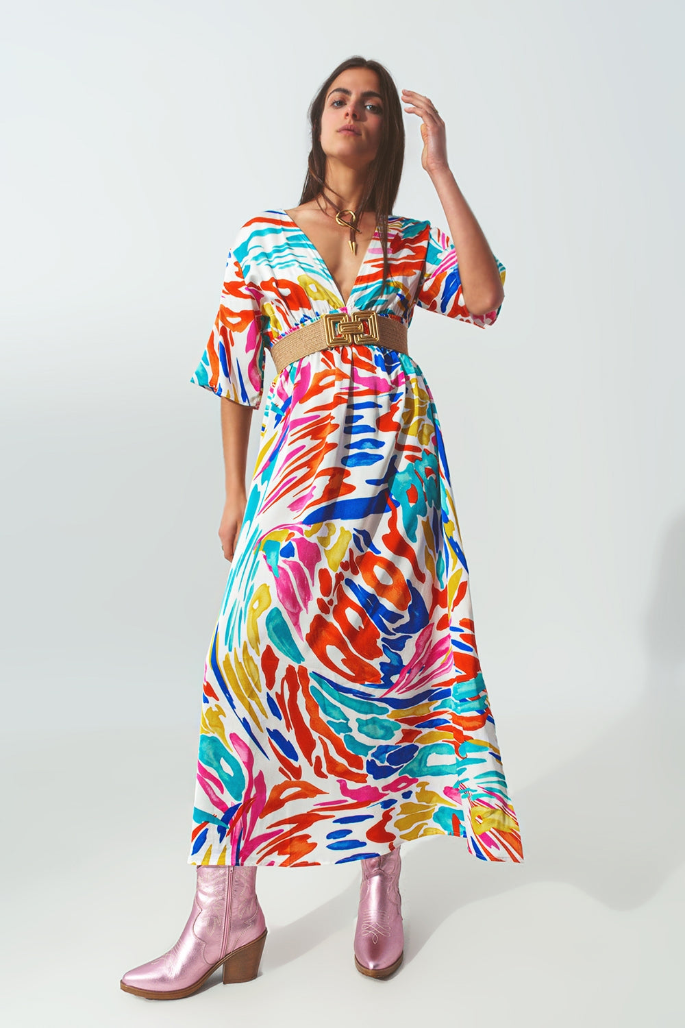 V Neck Maxi Dress with Multicolor Print