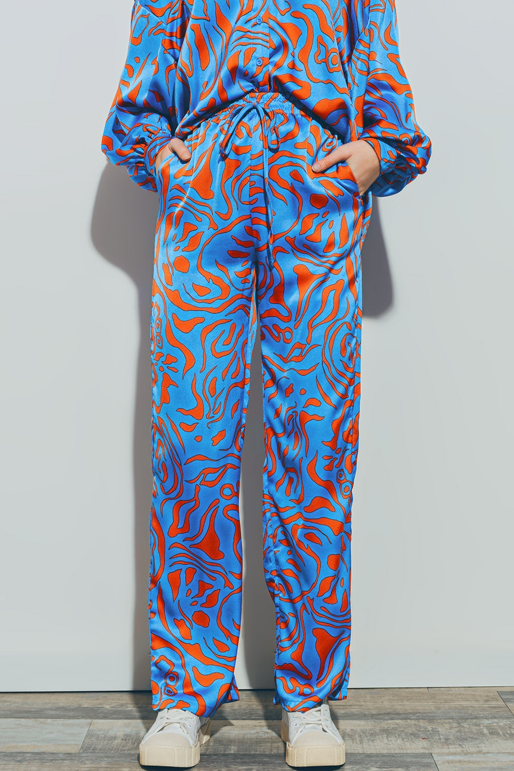 Satin Pants with Elastic Waist in Blue