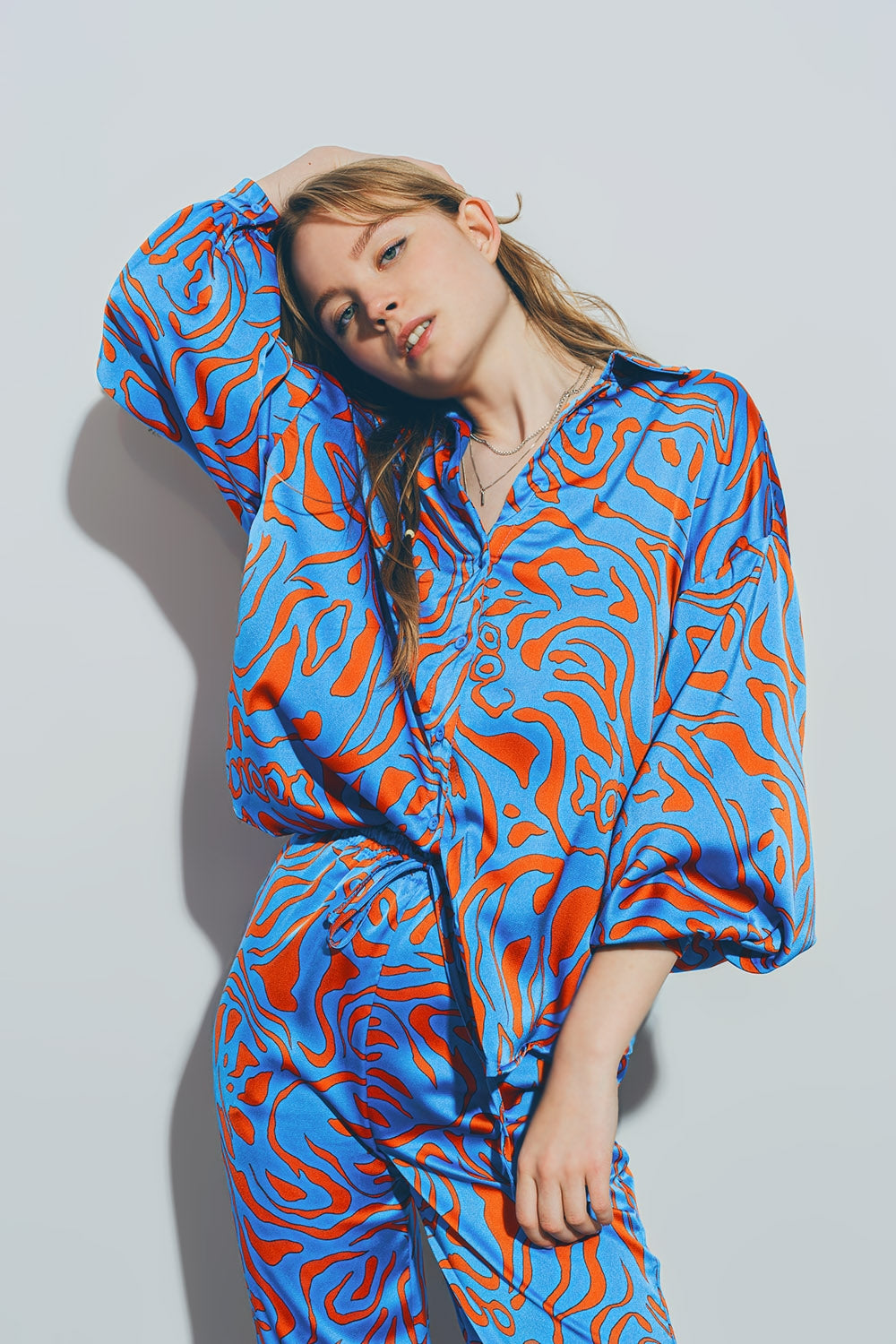 Satin Shirt with Balloon Sleeves in Blue