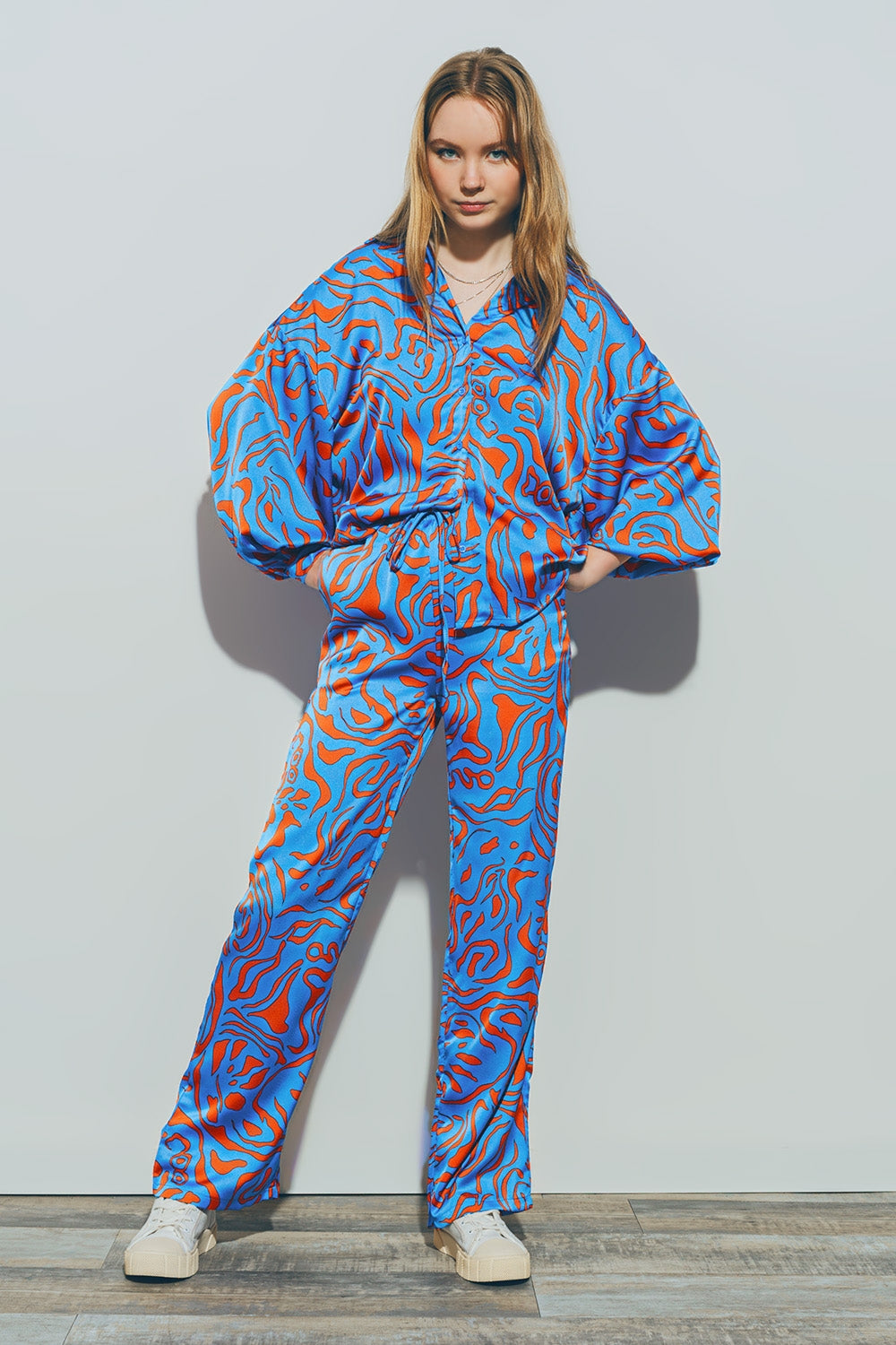 Satin Shirt with Balloon Sleeves in Blue