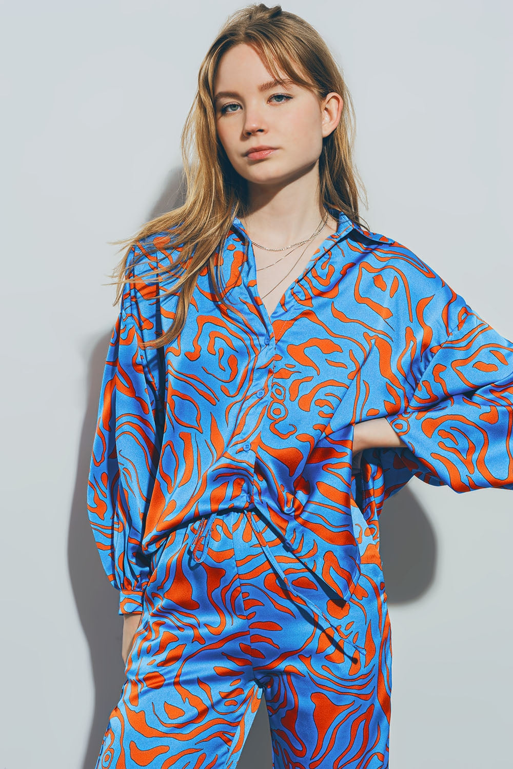 Satin Shirt with Balloon Sleeves in Blue