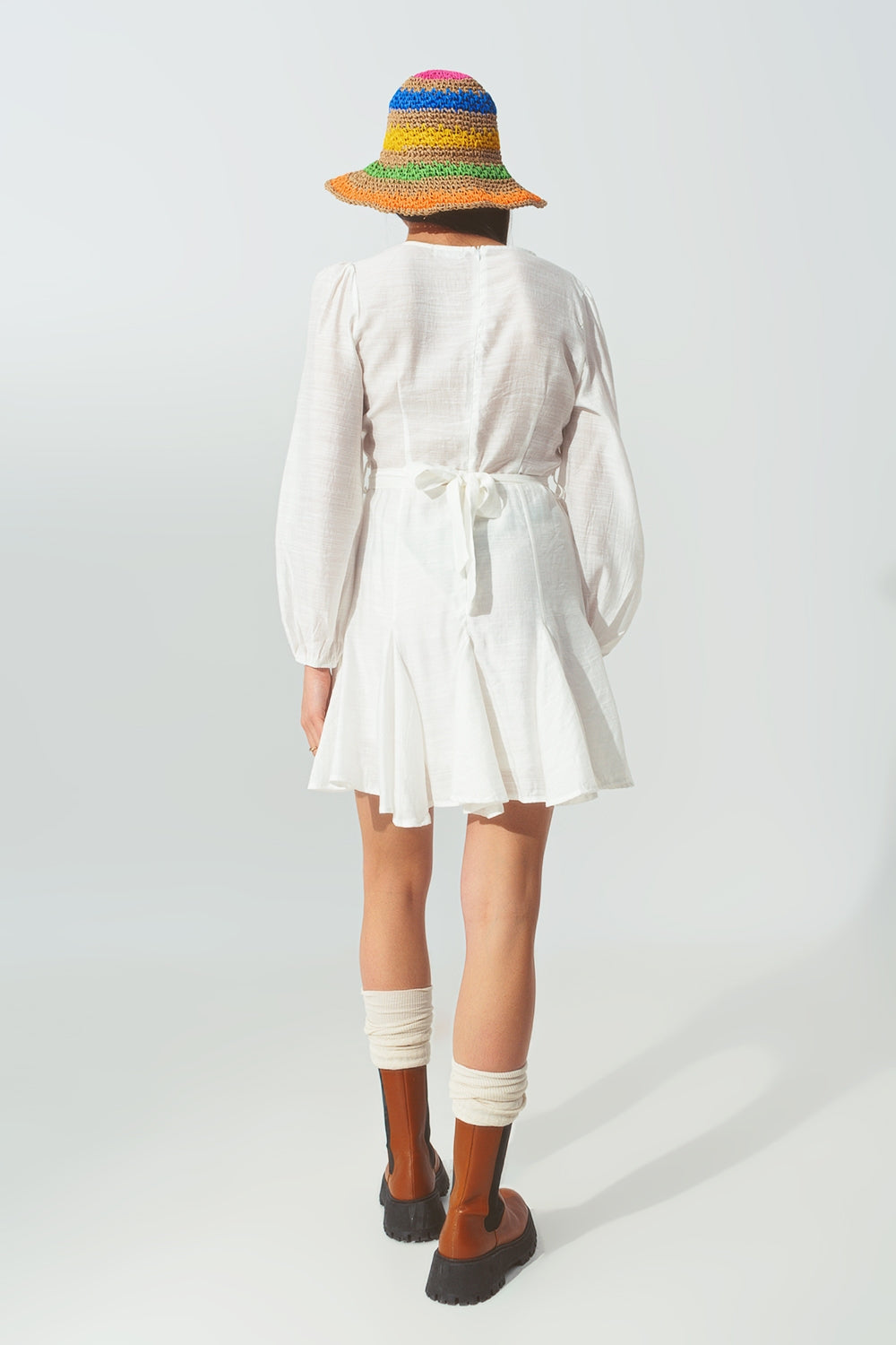 Ruffle V Neck Dress in White