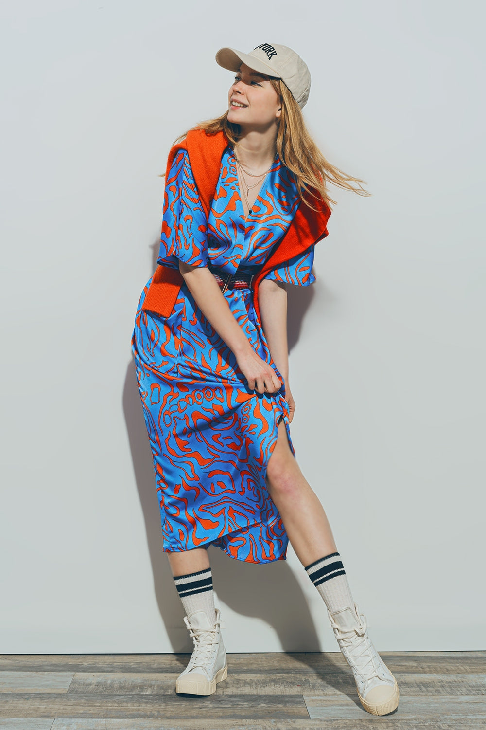 Satin V Neck Midi Dress in Blue