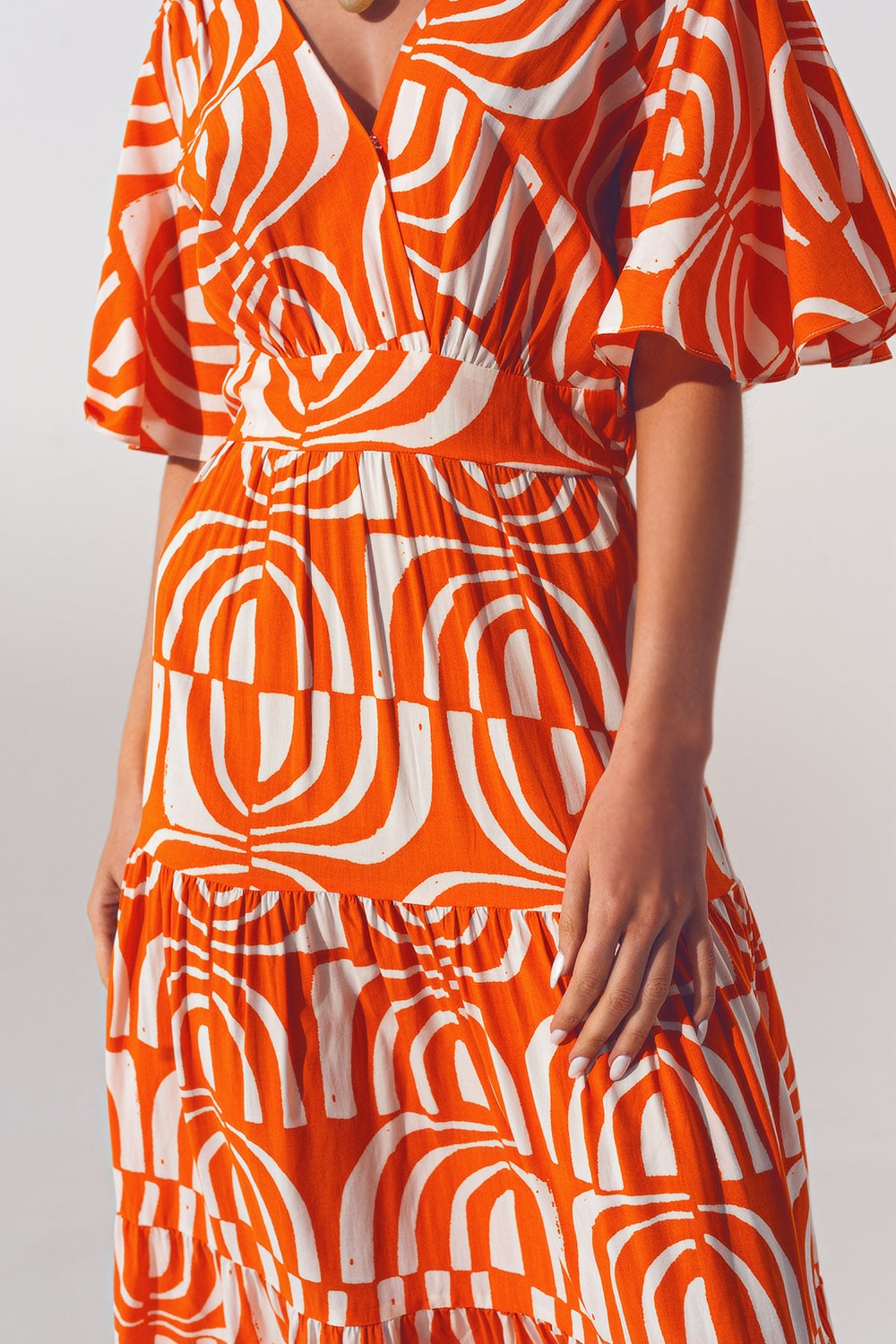 V neck Midi Dress with Print in Orange