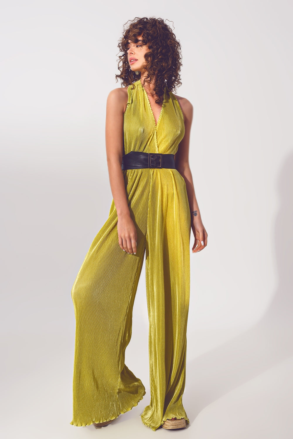 UNIKCOSA Satin Halter Neck pleated maxi jumpsuit in Green