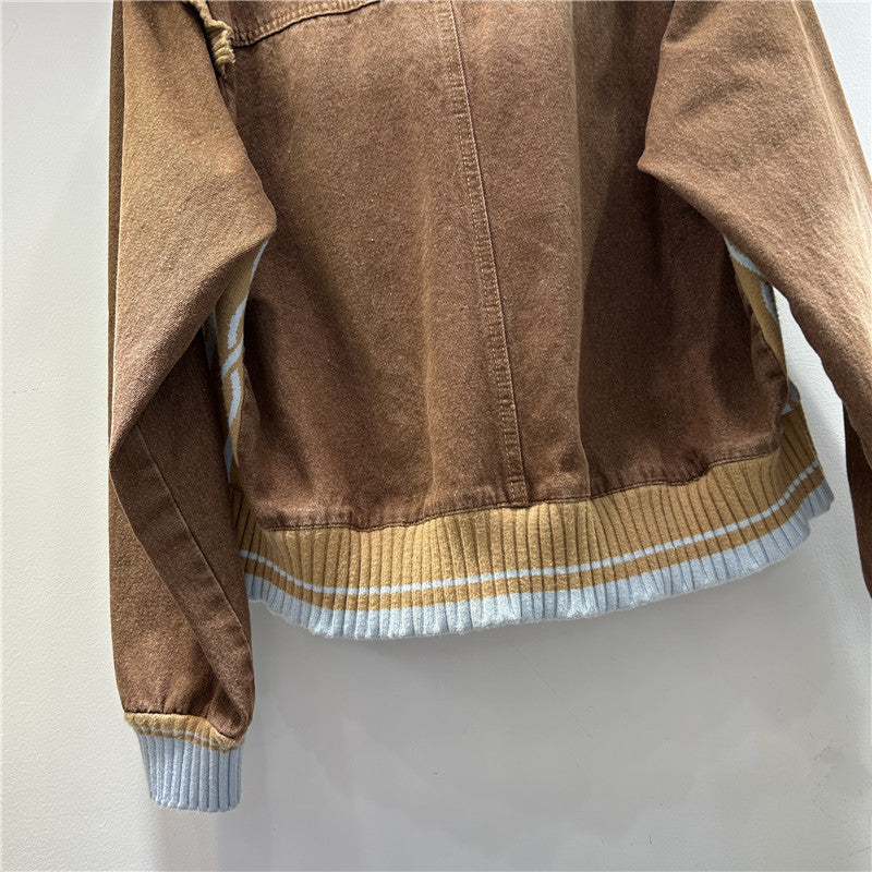 Unikcosa Women's Stand Collar Contrast Stitching Loose-Fit Denim Jacket