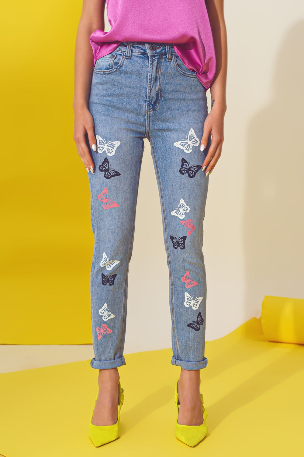 Butterfly Detail Skinny Jeans in Light Blue Wash