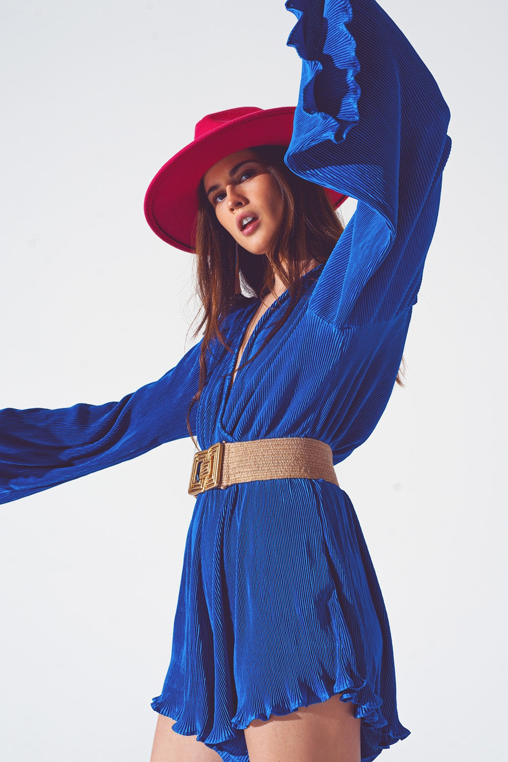 UNIKCOSA Satin Wrap Deatil Pleated Short Jumpsuit in Blue