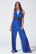 UNIKCOSA Satin Halter Neck Pleated Maxi Jumpsuit in Blue