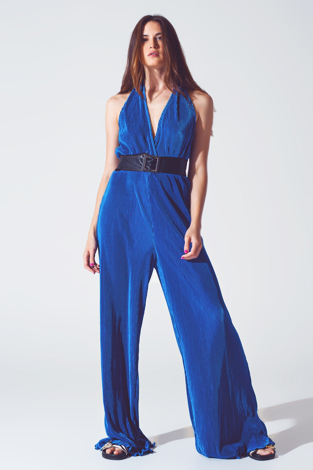 UNIKCOSA Satin Halter Neck Pleated Maxi Jumpsuit in Blue