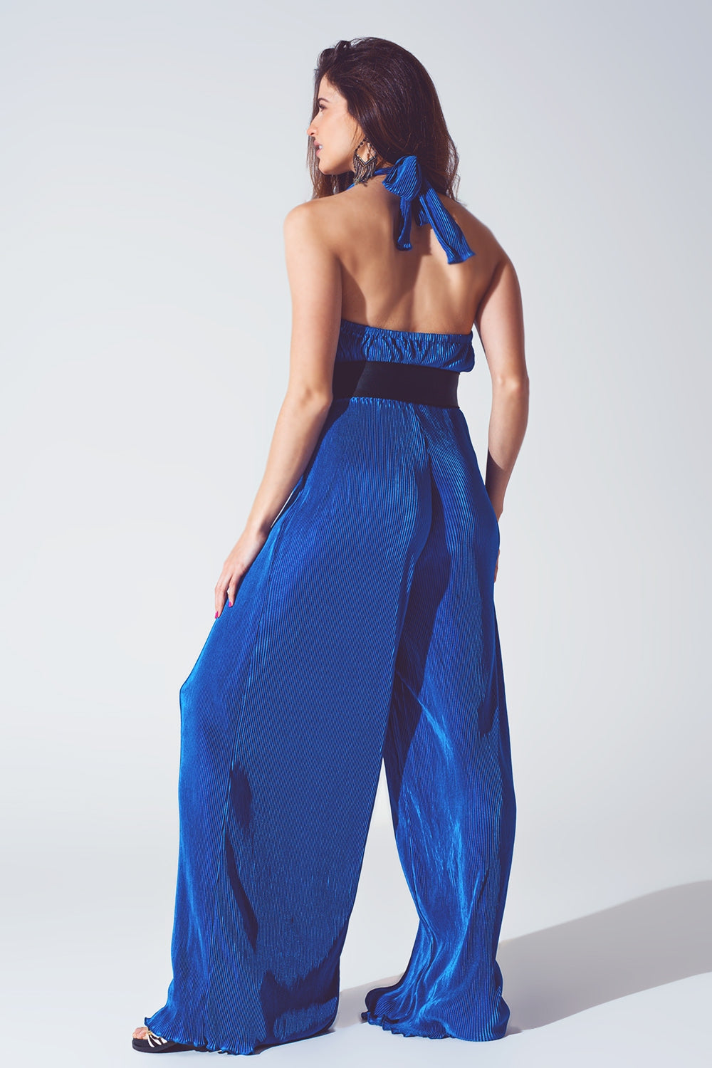 UNIKCOSA Satin Halter Neck Pleated Maxi Jumpsuit in Blue