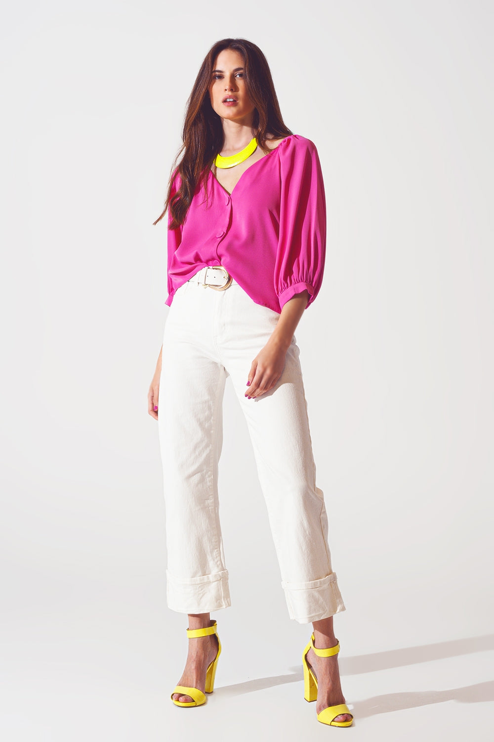 Straight Leg Jeans with Cropped Hem in White