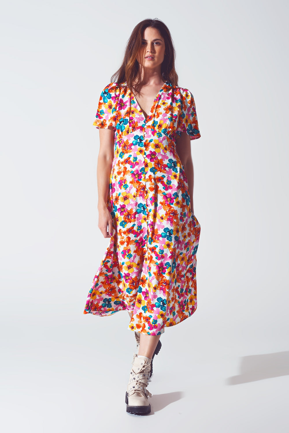 Midi Cinched In Wist Dress In Multicolot Floral Print