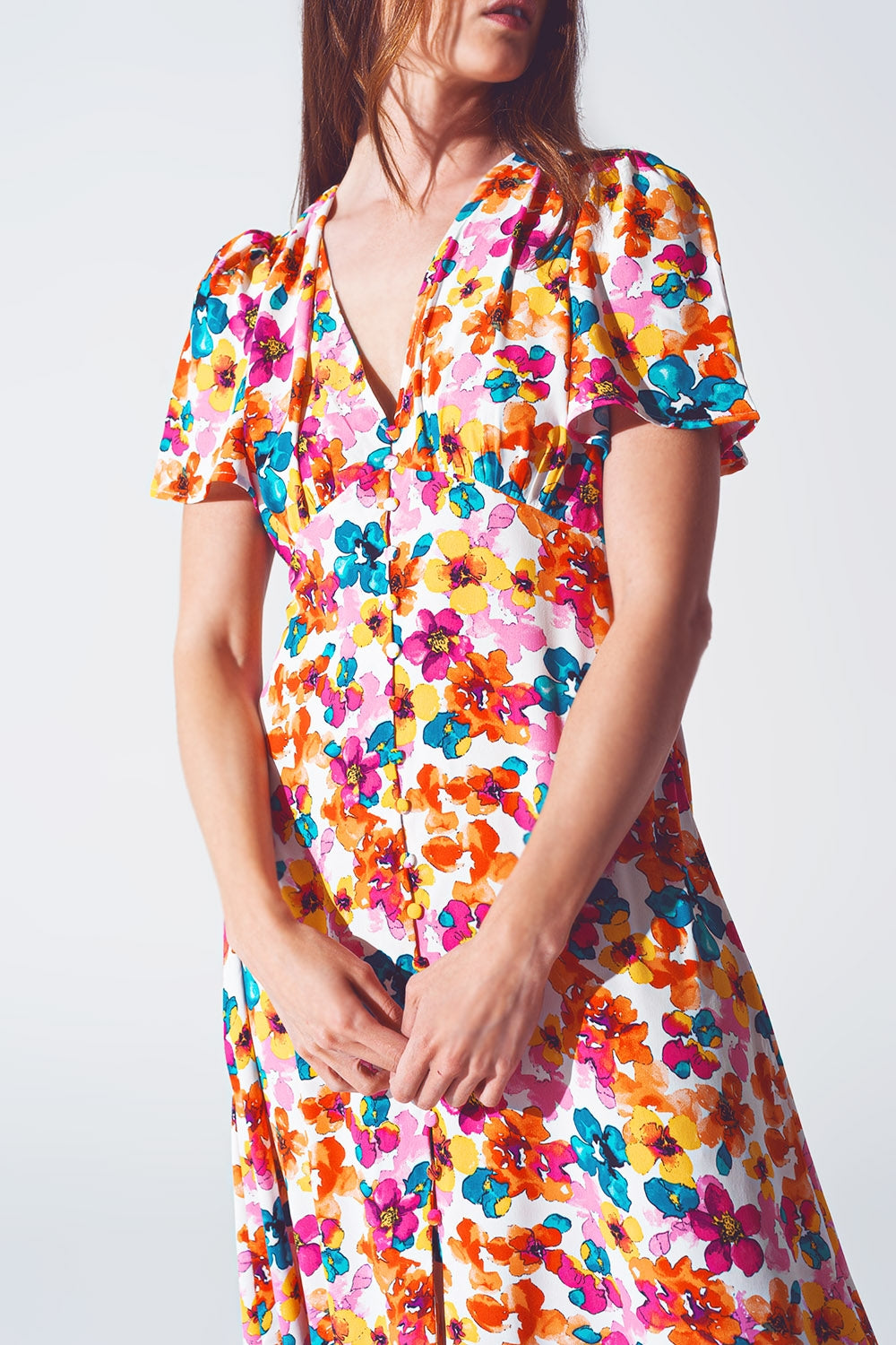 Midi Cinched In Wist Dress In Multicolot Floral Print
