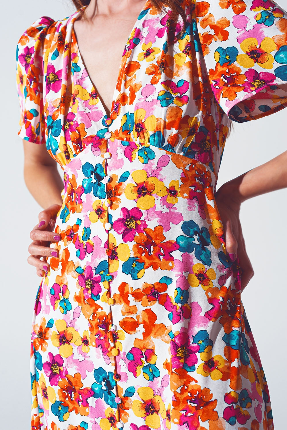 Midi Cinched In Wist Dress In Multicolot Floral Print
