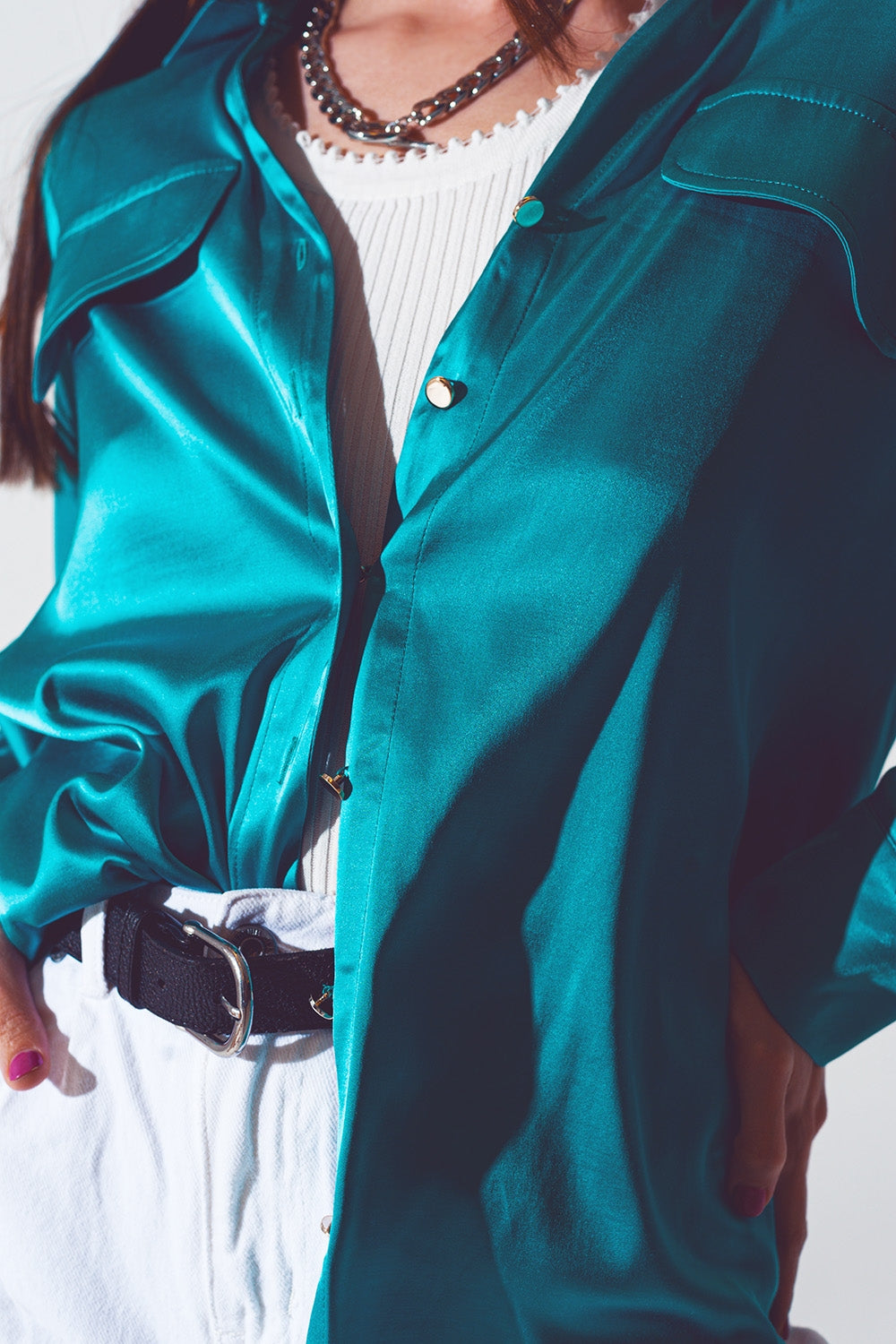 satin blouse in turquoise