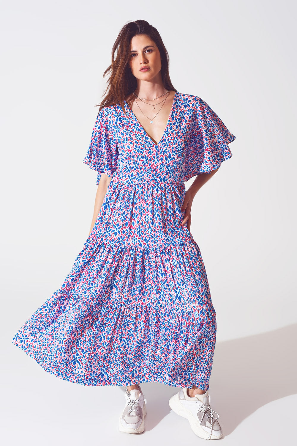 Full Length Dress With Open Tie back in Purple Print