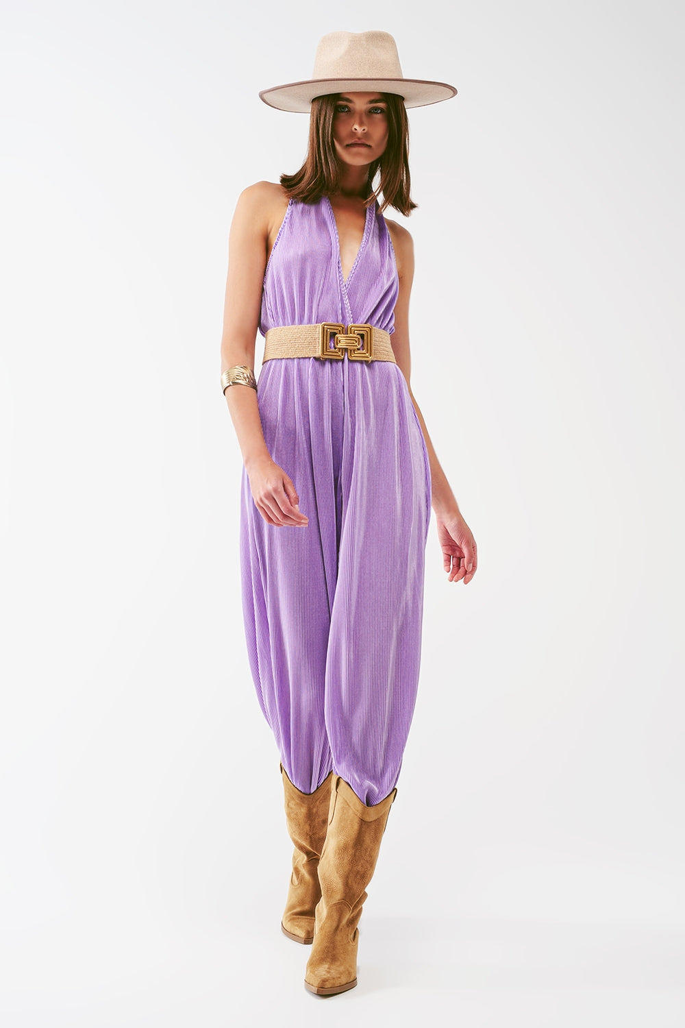 UNIKCOSA Satin Halter Neck Pleated Maxi Jumpsuit in lilac