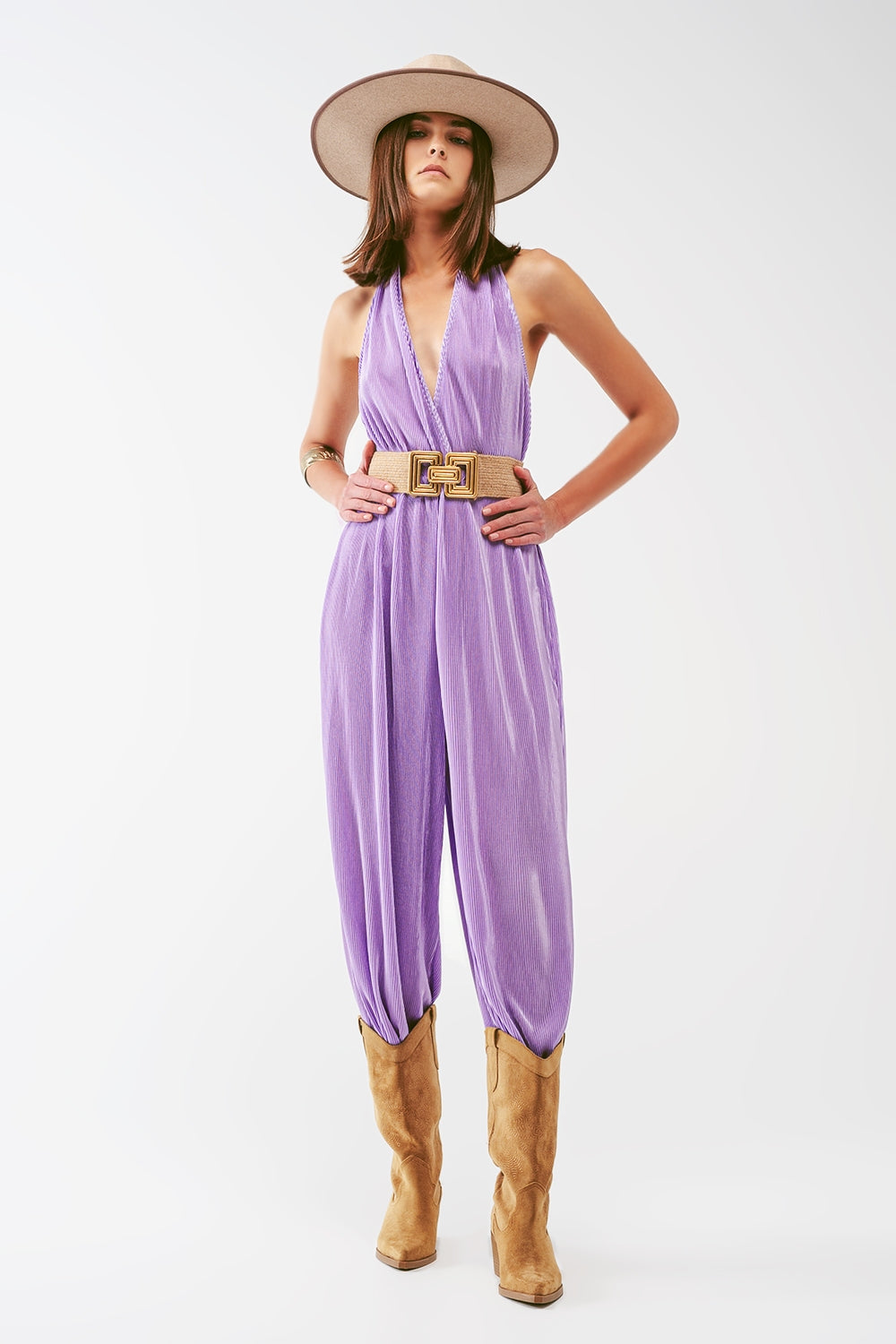UNIKCOSA Satin Halter Neck Pleated Maxi Jumpsuit in lilac