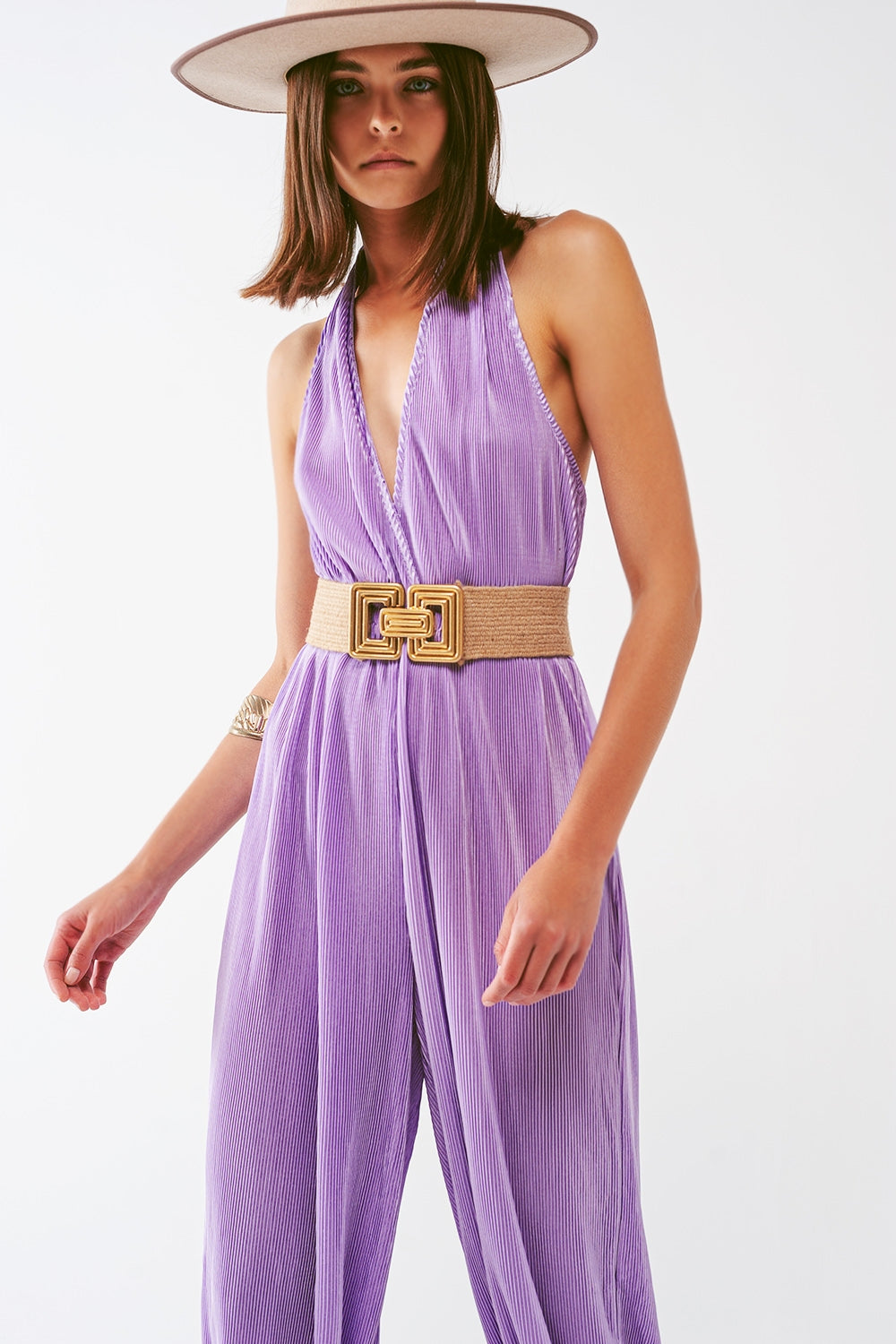 UNIKCOSA Satin Halter Neck Pleated Maxi Jumpsuit in lilac