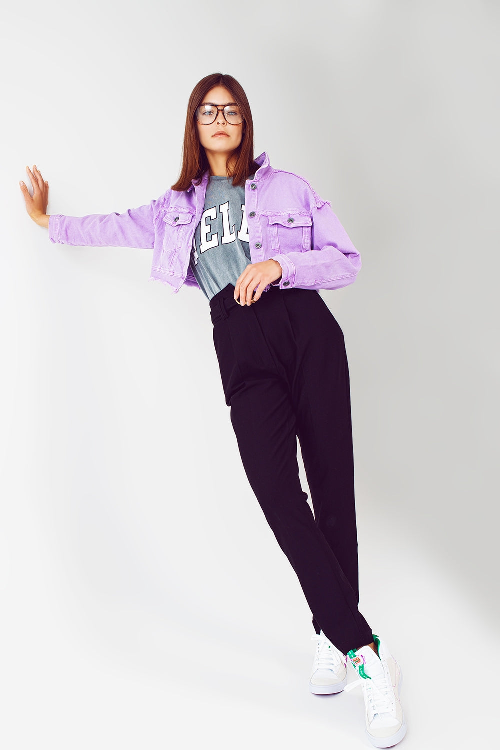 Cropped denim trucker jacket in purple