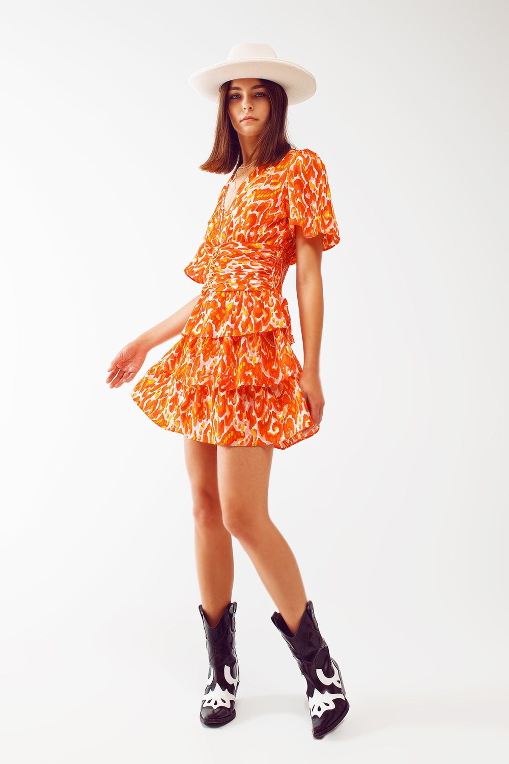 Mini V Neck Dress in Floral Orange Print