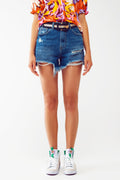 Short Distressed Jeans in mid Wash