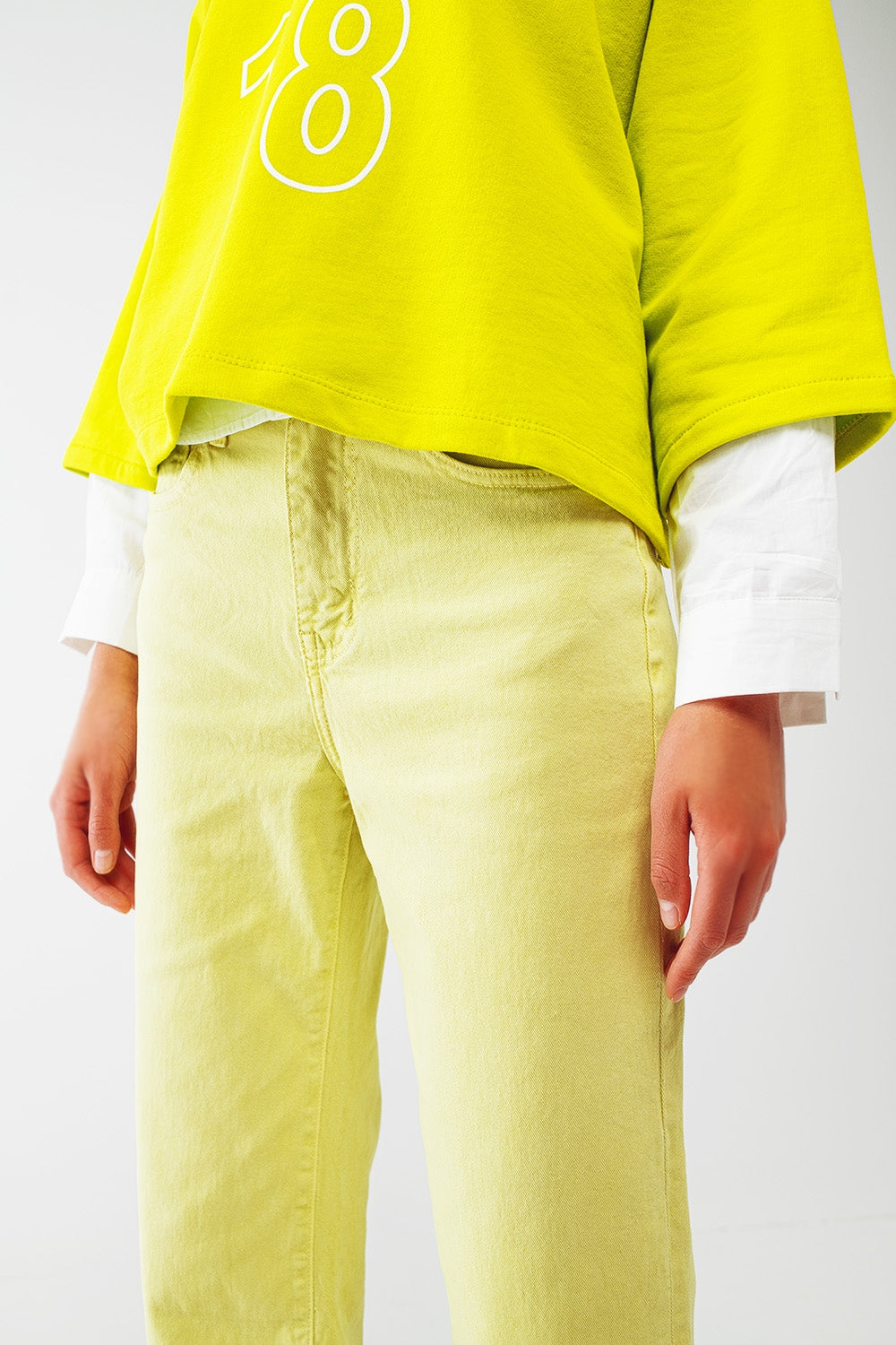 Straight Leg Jeans with Cropped Hem in Lime Green