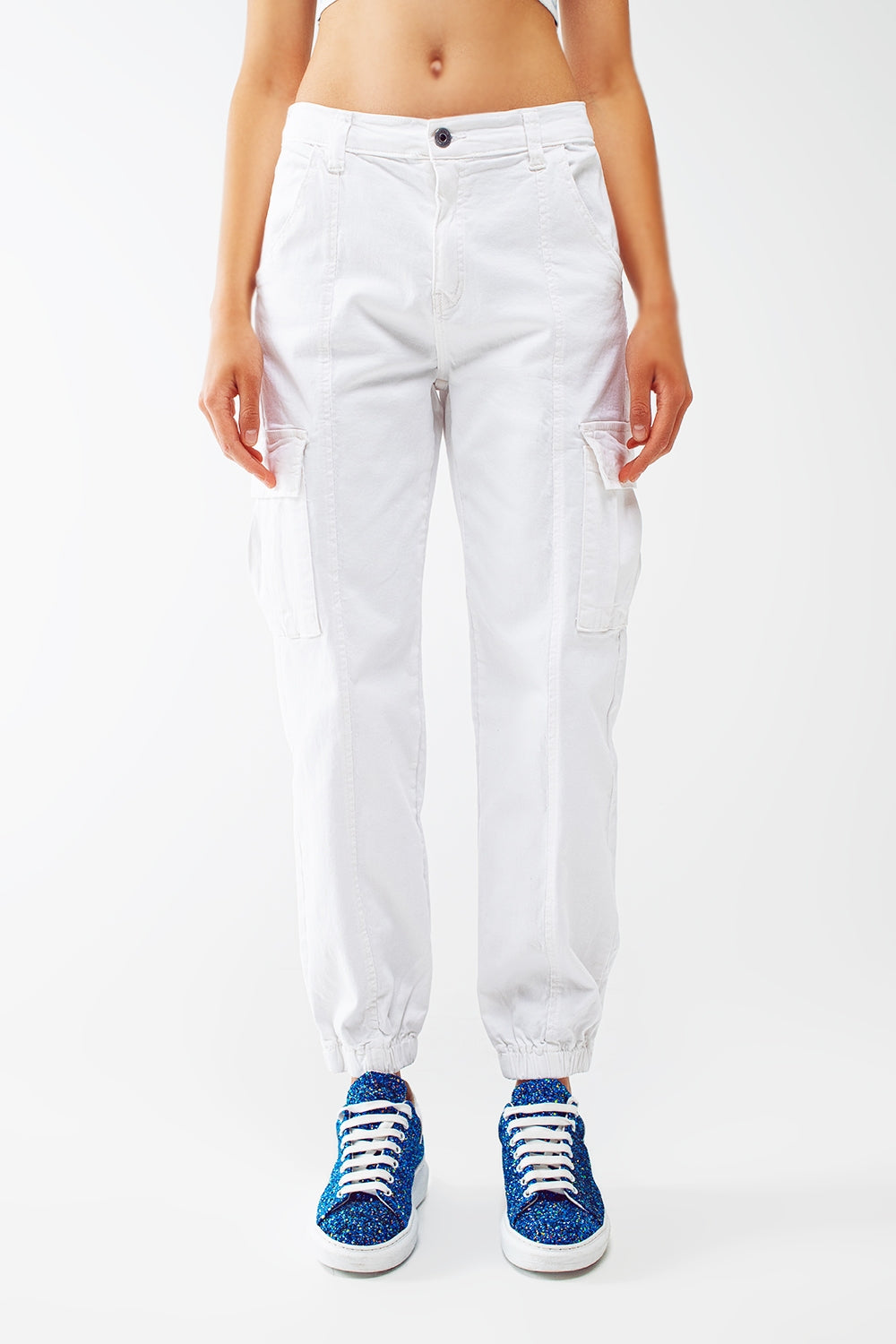 white cargo pants with elasticated waist and hem