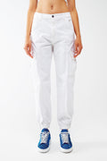 white cargo pants with elasticated waist and hem