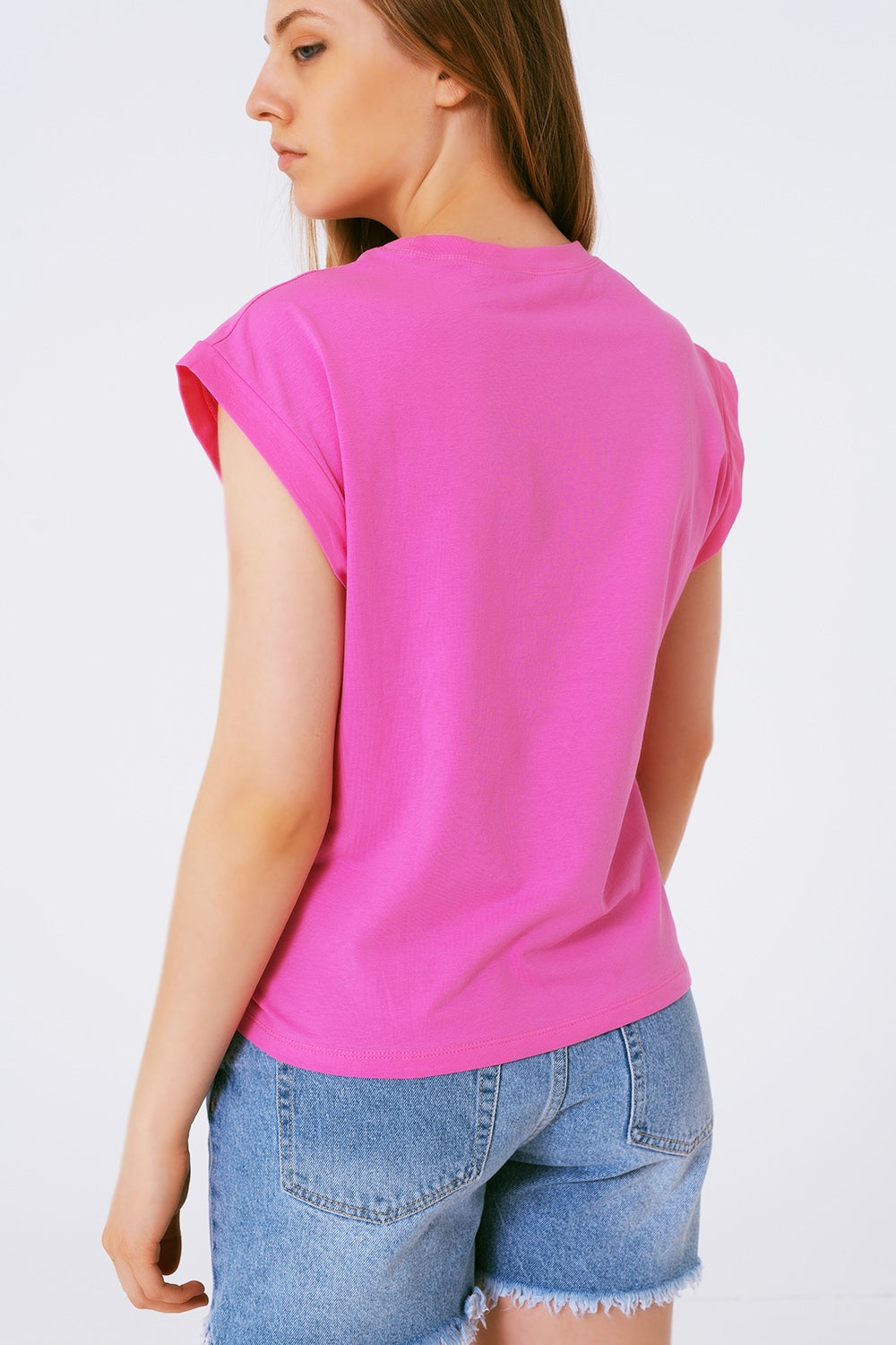 Sleevless T-shirt With Strass Detail in Pink