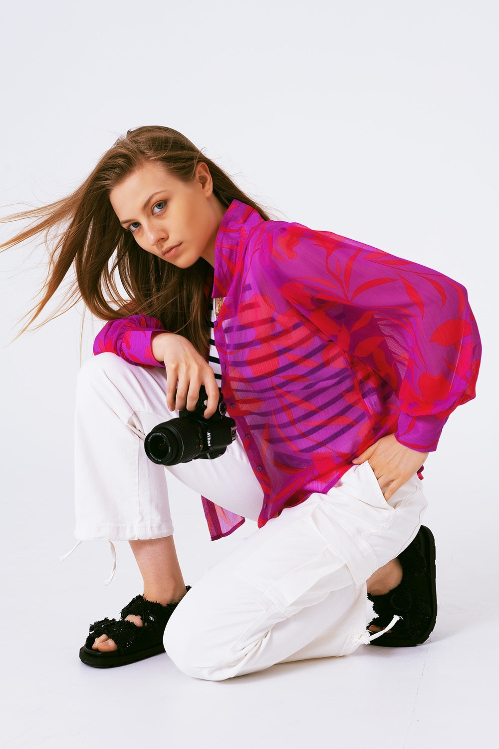 chiffon floral print blouse in fuchsia