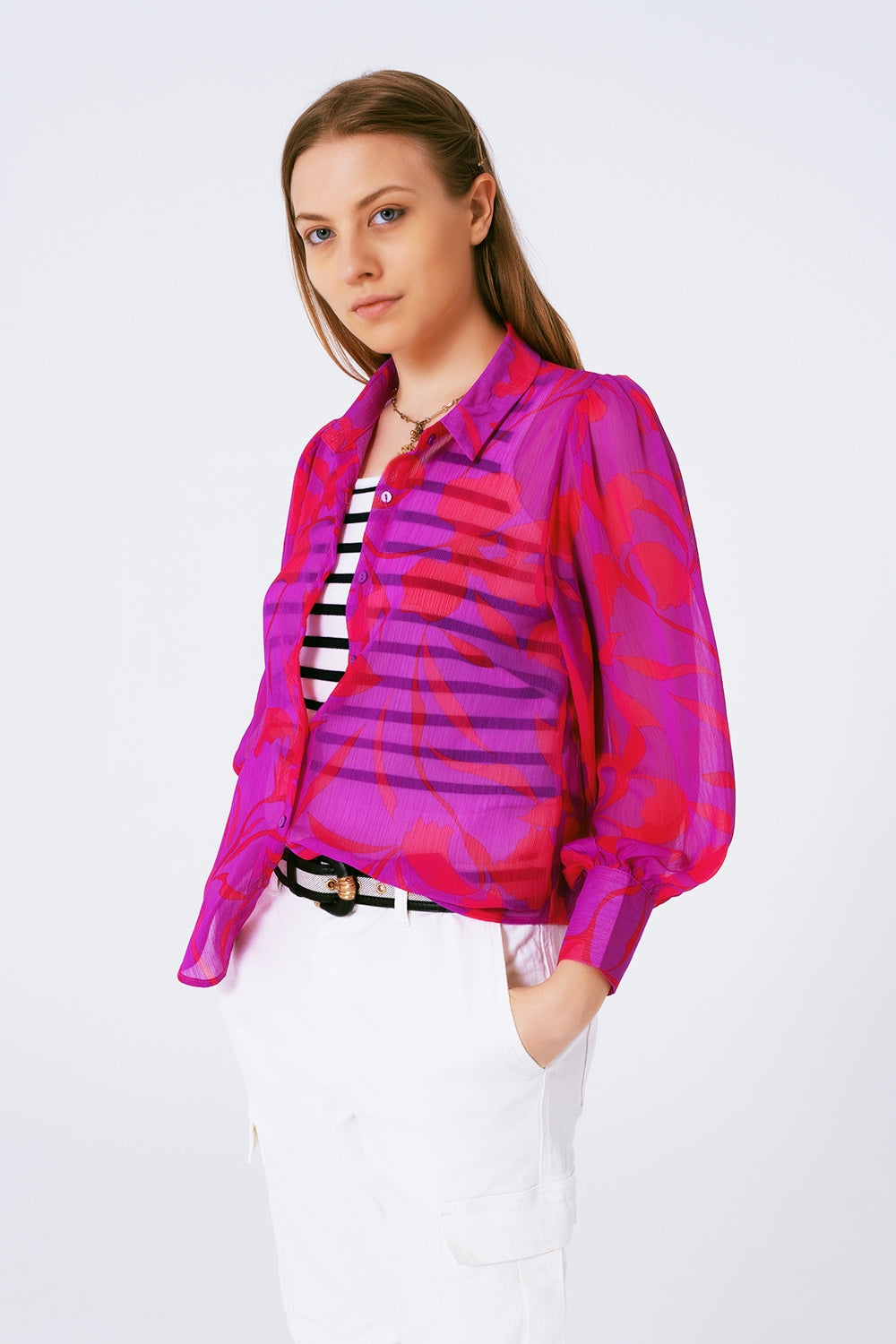 chiffon floral print blouse in fuchsia