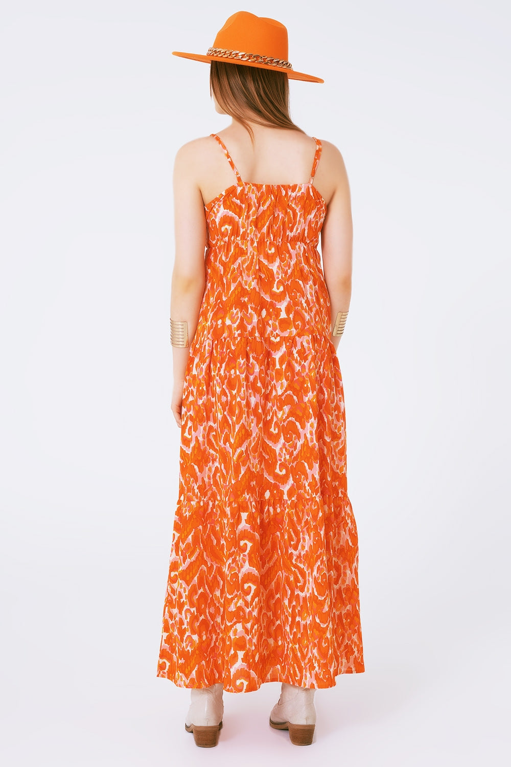 Floral Print Maxi Dress with V neck in orange