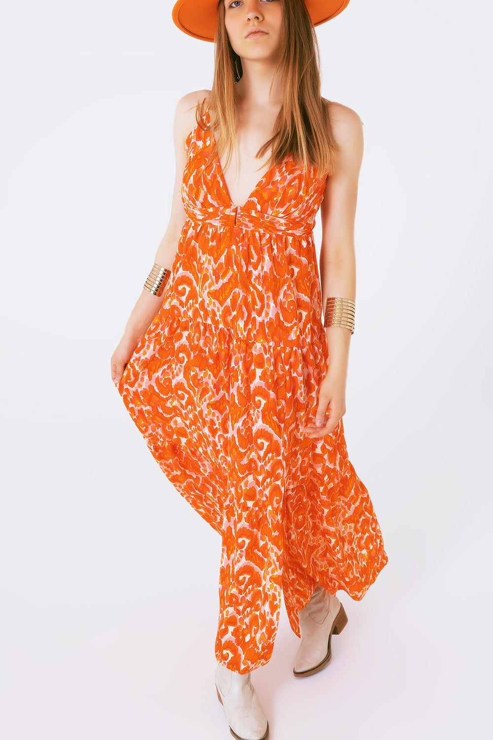 Floral Print Maxi Dress with V neck in orange