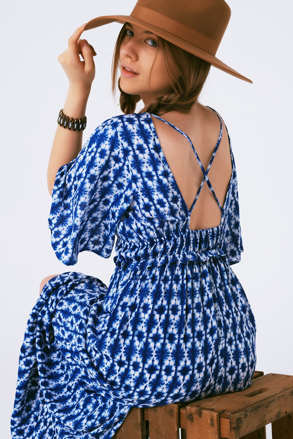 boho print maxi dress crossed on the back