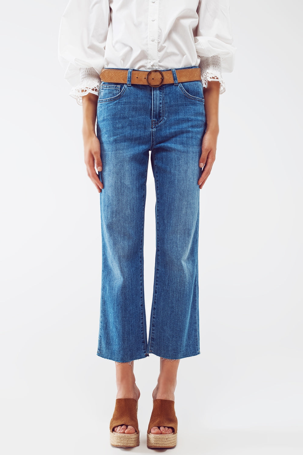 Mid Wash Straight Jeans With Raw Hem in Blue