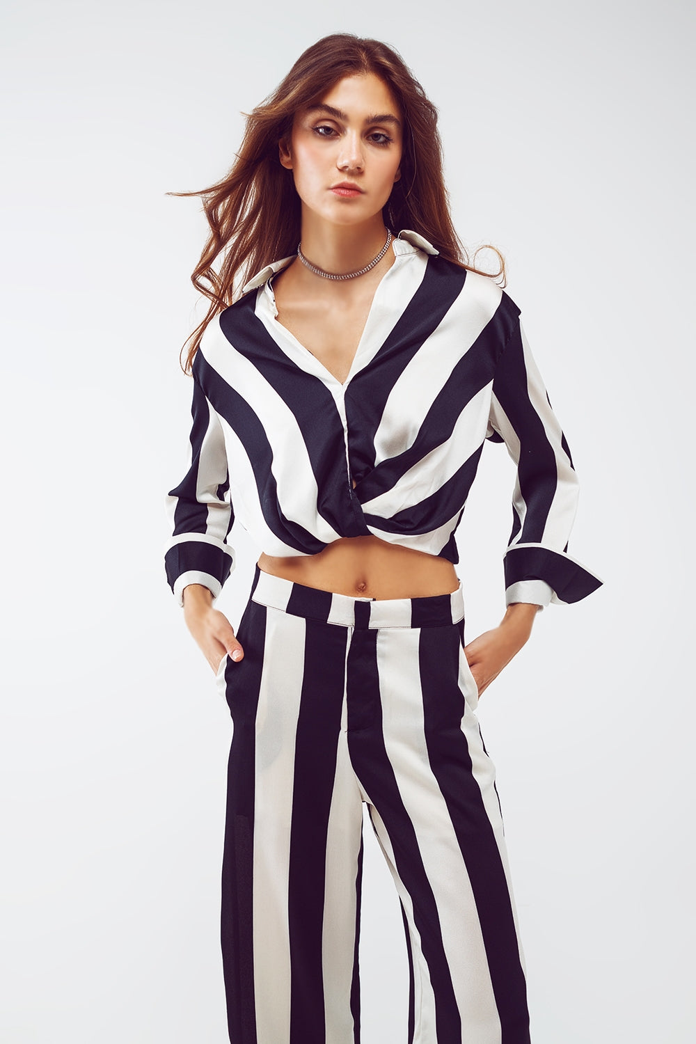 Crop Shirt With Knot Detail in Black and White Stripes
