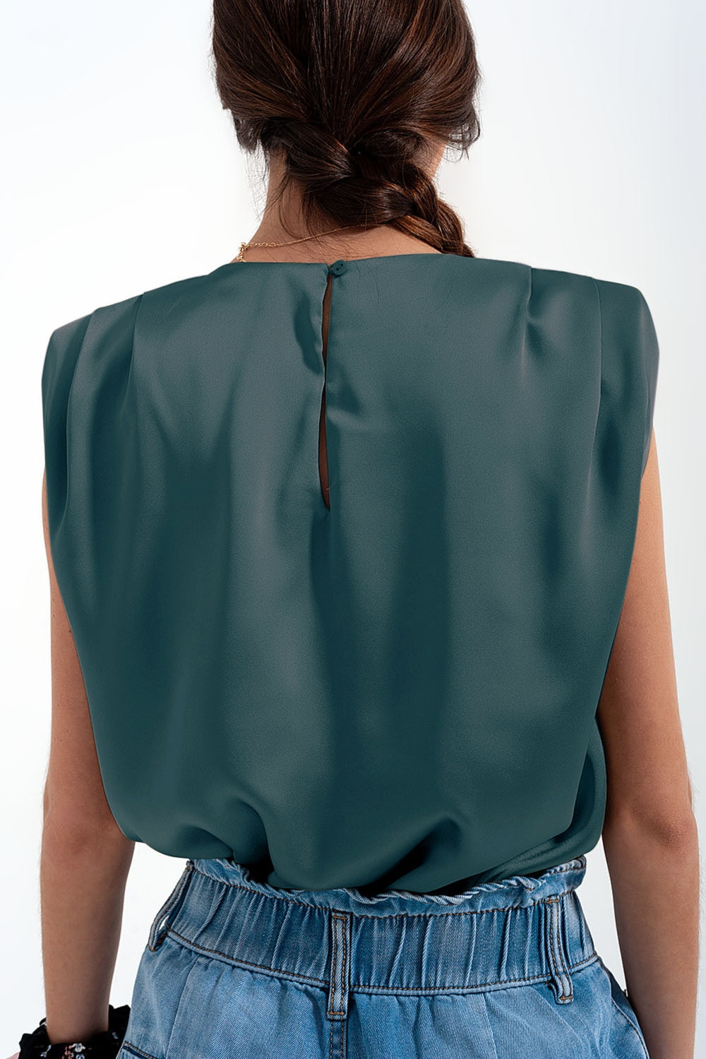 Gathered satin shoulder pad sleeveless top in green
