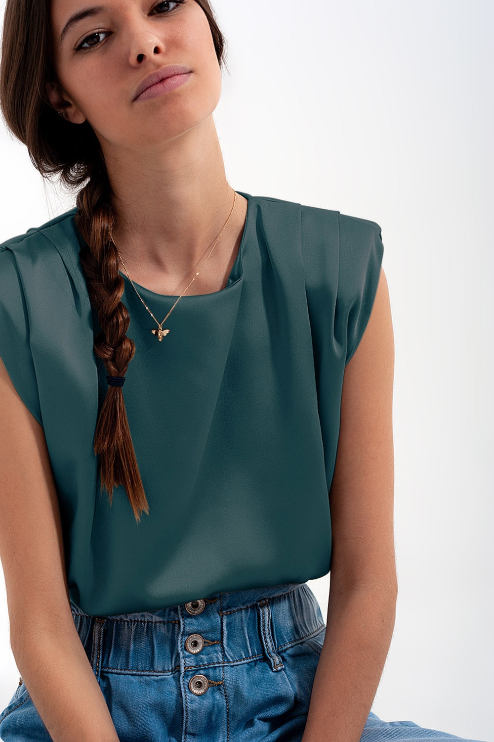 Gathered satin shoulder pad sleeveless top in green