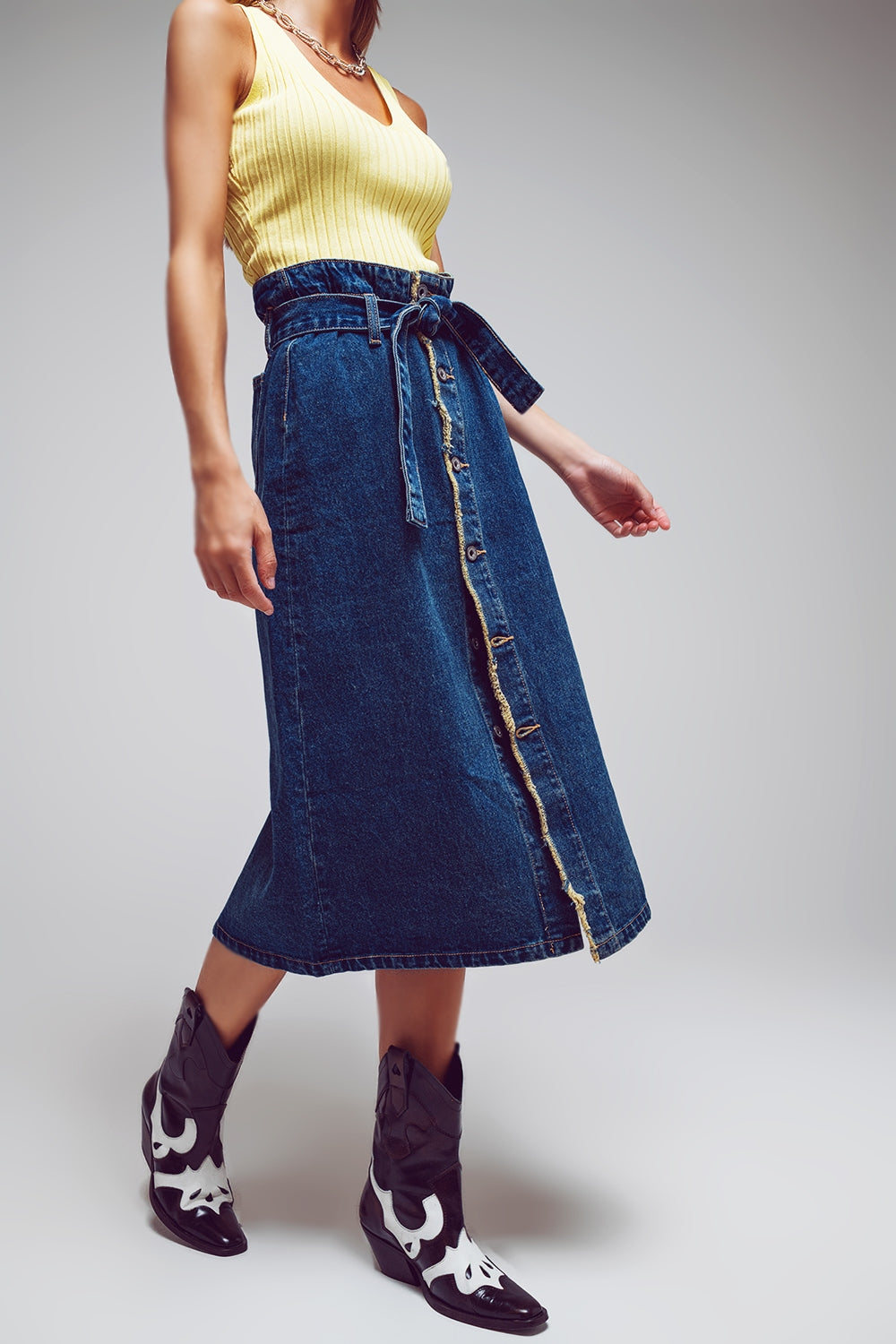 belted buttoned denim maxi skirt