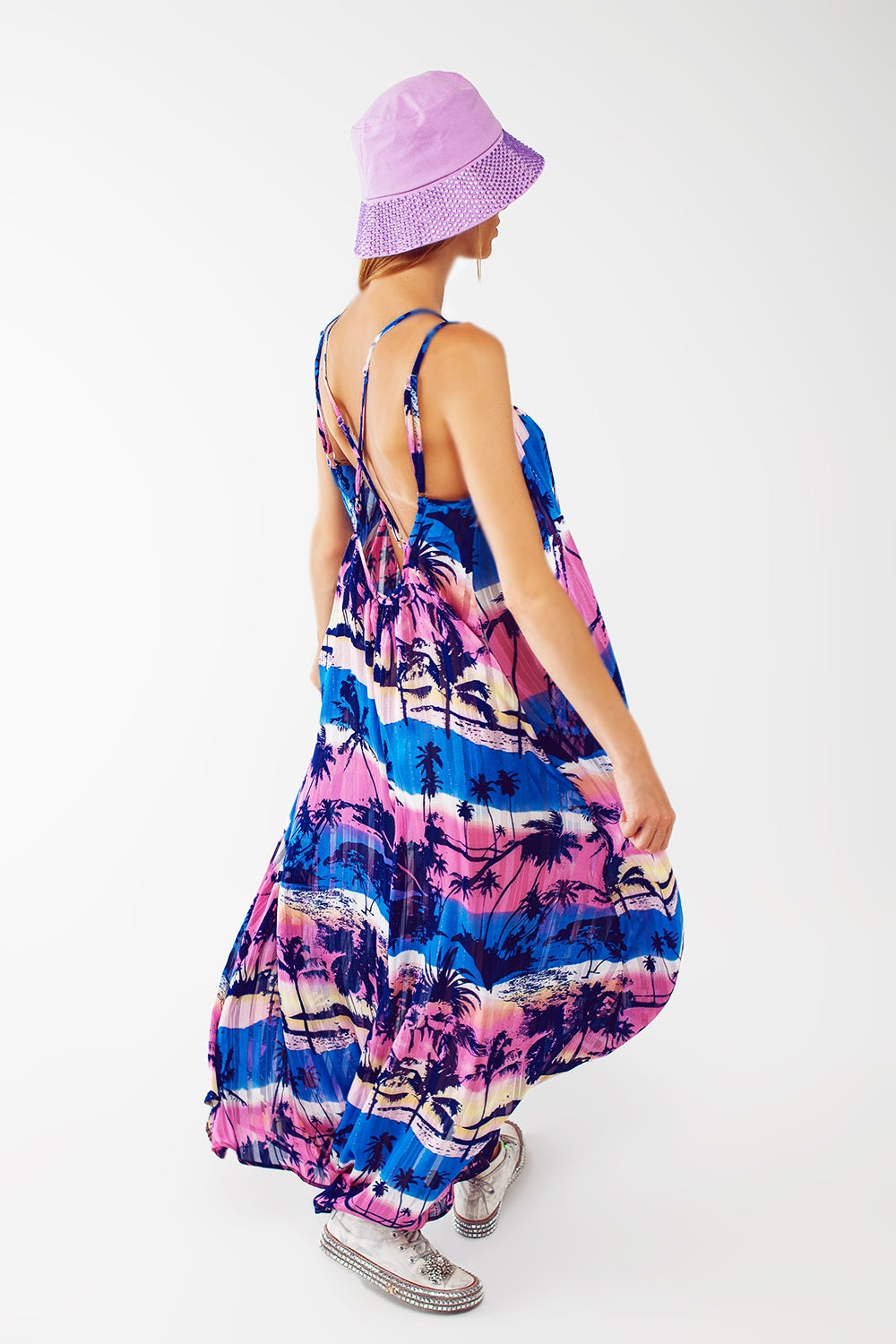 Relaxed Open Back Maxi Dress In Tropical Blue Print