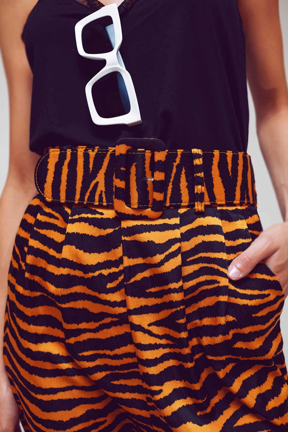 Animal Print Straight Leg Pants With Wide Buckle Belt