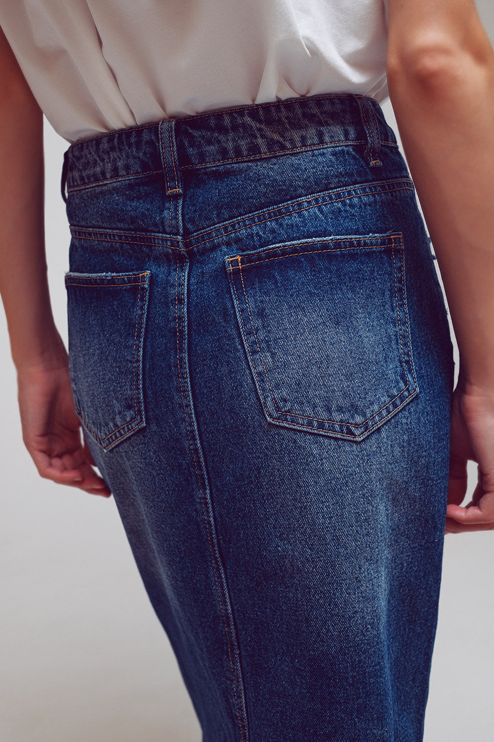 Maxi Pencil Denim Skirt With Panel Details In The Front