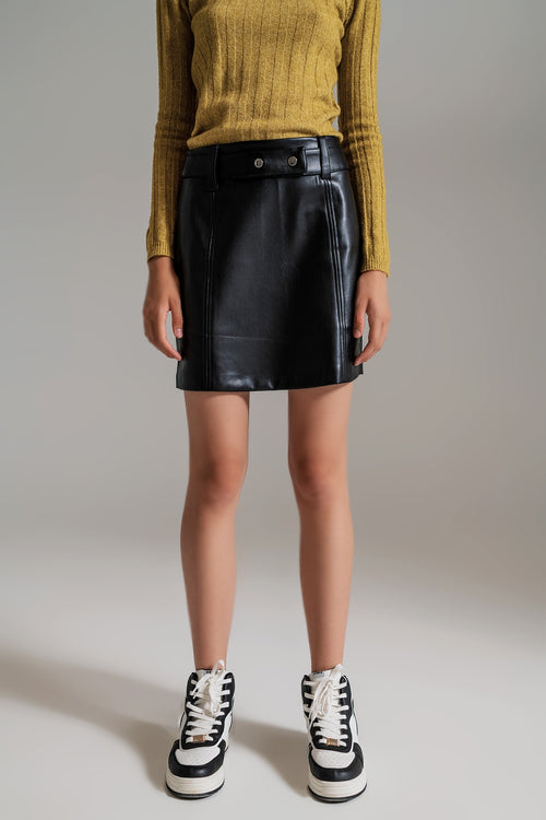 Black Straight faux leather mini skirt with belt — view 1 of 4