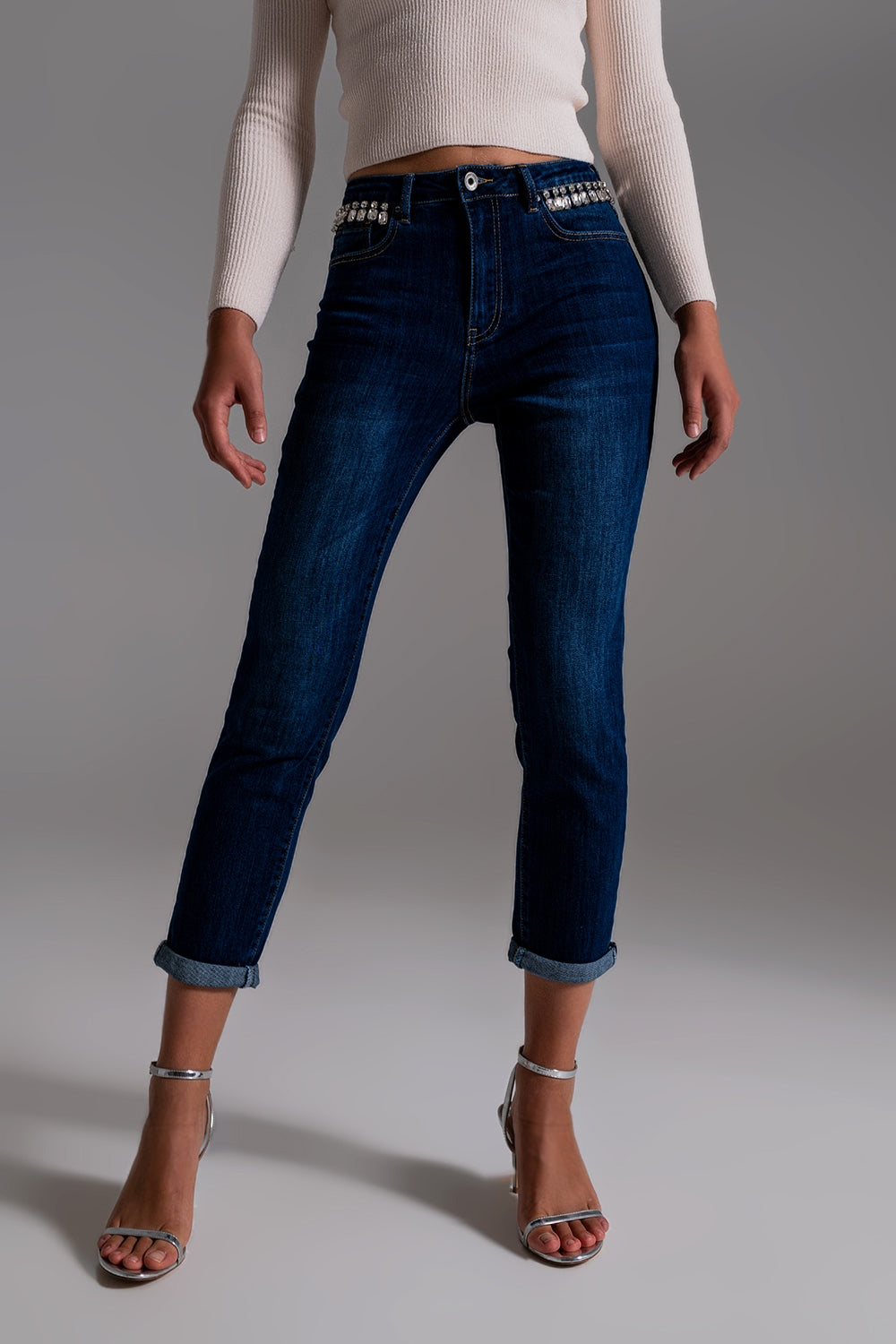 Jeans With strass Fringe At Pockets In Dark Wash
